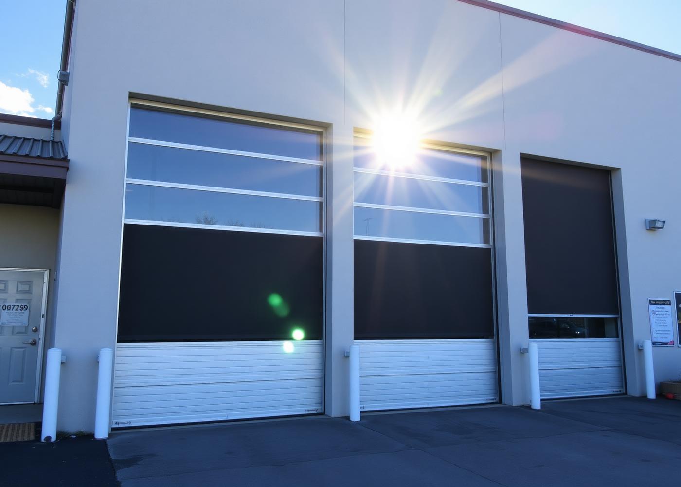 Commercial glass overhead doors treated with dual-reflective solar control window film