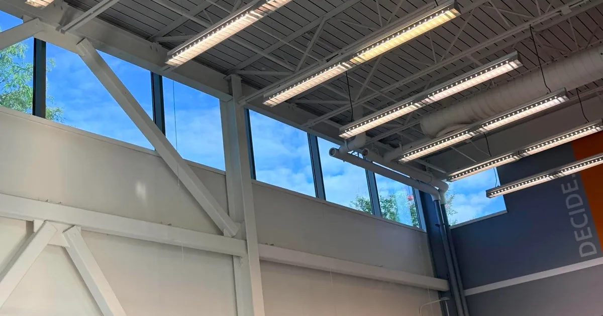 High clerestory glazing above a fitness space treated with exterior solar control window film in Wilmington, Delaware