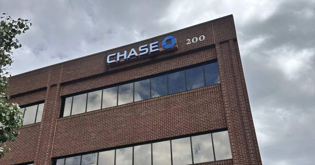 Chase-branded regional office building with window-film-treated glazing on the upper floors