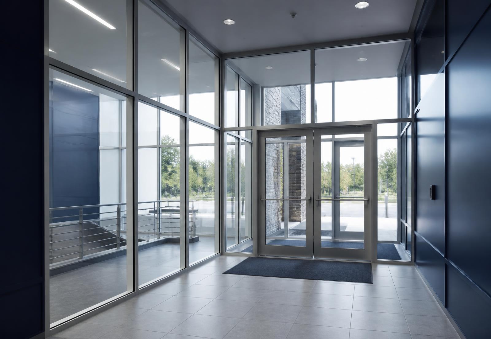 School entrance glazing treated with safety and security window film